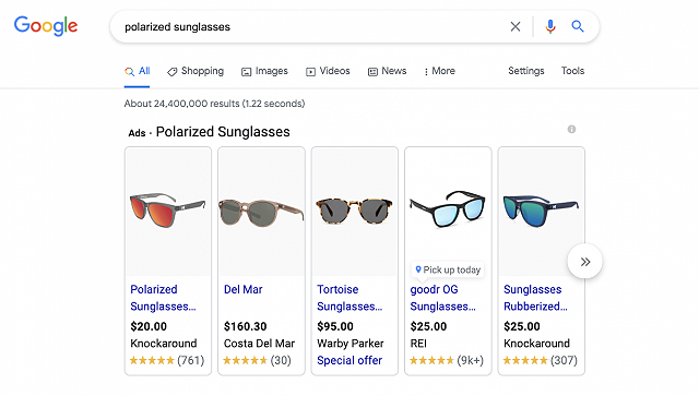 Google Shopping Ad example of sunglasses