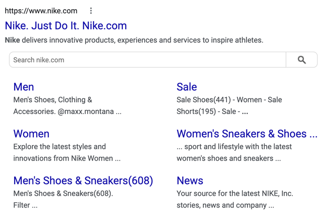 Sitelink example of Nike